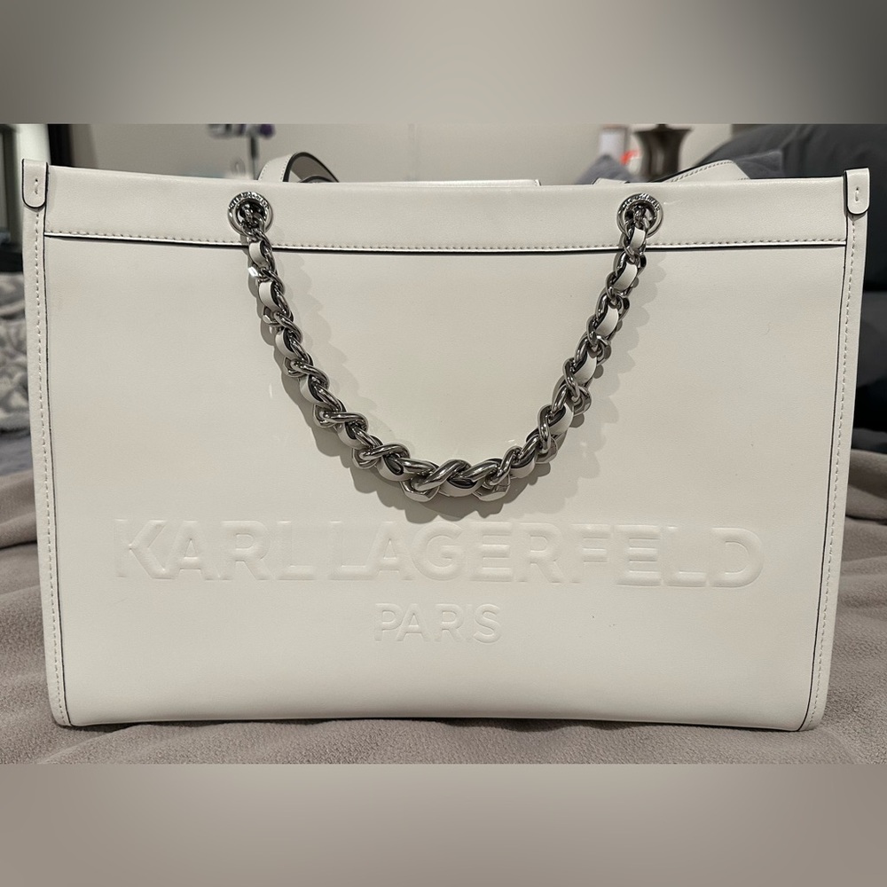 NWT Karl Lagerfeld Paris White Savoie Leather Tote Bag with Silver Chain